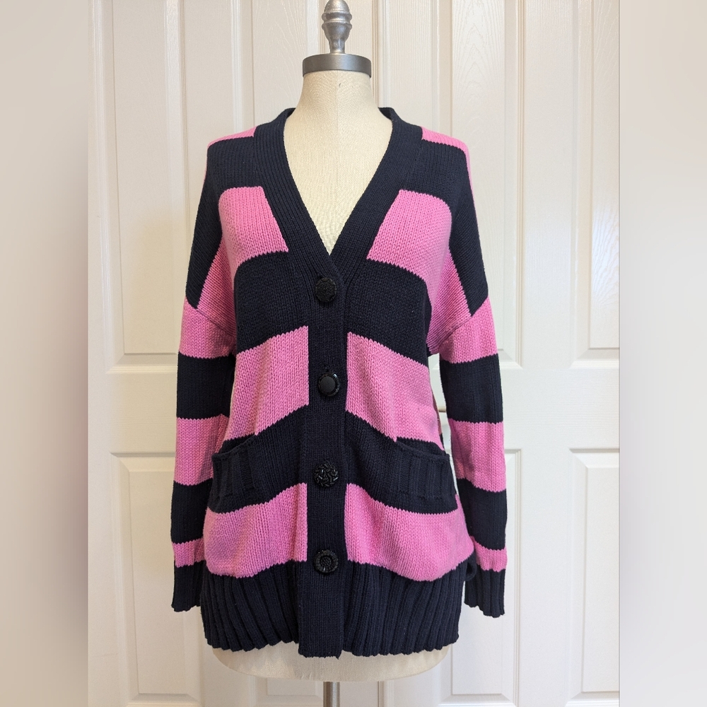 Handmade No Tag Baggy Pink & Navy Blue Cardigan Custom Buttons L